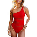 Miniatyrbild 1 av 5: Dam Monokini Mesh Asymmetriska Axelband Badkläder Hög Utskuren En Delig Baddräkt Badkläder (XL Röd)