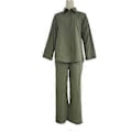 Miniatyrbild 5 av 5: 1 Set Trendiga Dam Casual Skjorta Byxor Kläder Plus Size Bomull Linne Topp Vida Ben Byxor Lös Outfit Pendling (4XL grå)