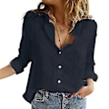 Miniatyrbillede 1 af 4: Dame Linned Skjorter Casual Ensfarvet Knap Revers Bluser Skjorte Sommer Toppe En Bedste Gave (XL Sort)