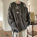 Miniatyrbilde 4 av 5: Høst- og vintergenser for menn, revet, falsk todelt, hiphop, hullet, strikket, rund hals, lang ermet, løs, myk, tykk, varm, streetwear, genser for menn (3XL grå)