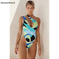 Miniatyrbillede 2 af 5: Badedragt i ét stykke Ny dame blomstret udskæring One Shoulder Badedragt Kvinde Monkini Bodysuit Strand Badedragt Strandtøj (26 L)