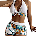 Miniatyrbild 1 av 4: Kvinnors Padded Bikini Set med Lövtryck, Halterneck-BH, Slips-Topp, Hög Midja, Pojk-Shorts, Baddräkt, Sommarstrandkläder (2XL Vit)