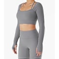 Miniatyrbild 3 av 4: Yogatopp för kvinnor, Fitness Crewneck Halter Neck Långärmad med Tumhål Träningskläder med Bröstkudde (L Grå)