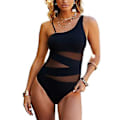 Miniatyrbillede 1 af 5: Dames Monokini Mesh Asymmetrisk Skulderstropper Badedragt Høj Udsnit Enkeltdelt Badetøj Badetøj (XL Sort)