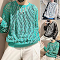 Miniatyrbilde 2 av 5: Menners Hult Topp Mesh Fiskenett Ensfarget Rund Hals Løstsittende Lang Erme Clubwear Hip Hop Gjennomsiktig Elastisk Pullover Fest Topp (XL Hvit)