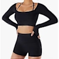 Pikkukuva 3 / 5: Naisen Jooga-Top Fitness Crewneck Halter Neck Pitkähihainen Peukalonrei'illä Varustettu Treeniurheiluvaate Rinnuspehmusteella (L Musta)