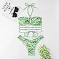 Pikkukuva 5 / 5: Naisten seksikkäät olkaimet Halter Cross Front High Cut String 2-osainen bikinisetti uimapuku (S Vihreä)