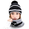 Miniatyrbilde 1 av 2: Vintervarmere Ullstrikket Pom Ski Beanie Hatt, Halsduk og Maske Sett for Kvinner (Svart)