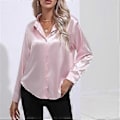 Miniatyrbilde 1 av 5: Vår Høst Sateng Bluse Imitert Silke Langermet Skjorte for Dame Plus Size Løse Topper (S rosa)