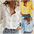 Miniatyrbillede 3 af 4: Forår Efterår Blomsterprint Skjorte Casual Løs Langærmet Bomuld Linned Skjorter Plus Size Dame Toppe (5XL lyseblå)