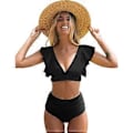 Miniatyrbillede 1 af 5: QQDD Dame Flæse Høj Talje Badedragt Todelt Push Up Tropisk Print Bikini (L Blå)