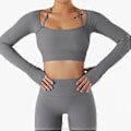 Miniatyrbilde 3 av 5: Dame Yoga Topp Treningsgenser Halv Høy Hals Lang Erme Tommelhull Treningsklær med Brystputen (XL Grå)
