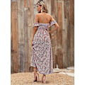 Miniatyrbillede 2 af 2: Kvinders Boho Blomsterprint Off Shoulder Split Lang A-Linje Kjole（XXL Pink）