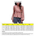 Miniatyrbilde 5 av 5: Bluse V-hals Puff Lange Ermer Midje Slanking Ren Farge Moderne Topper for Kvinner Rosa XL