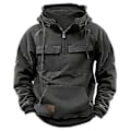 Miniatyrbillede 3 af 5: Mænd Efterår Vinter Hoodie Snøretræk Solid Farve Løse Lommer Langærmet Stor Patch Lomme Halv Lynlås Elastisk Manchet Mænd Trøje (3XL Sort)