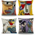 Set med 4 Picasso-kuddfodral i bomullslinne med broderade soffkuddar