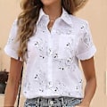 Miniatyrbilde 1 av 5: Dame Bomull Lin Skjorte Nedbrett Krage Enkelkneppet Bluse Hvit Gul Blå Topper Sommer Kort Erme Blomsterprint Skjorter (XL hvit)