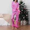 Pikkukuva 2 / 4: Naisten höyhenkoristeinen pyjamasetti pitkähihainen napitettava yläosa ja housut 2 osaa Lounge Set Satiini Pjs Pyjamas Yöasu (L Rose Red Snowflake)