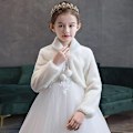 Miniatyrbilde 2 av 2: Jenteprinsesse Tykk Plysjjakke Avling Wraps Sjal Blomsterjenter Lange Ermer Bolero Varmt Kapp Bryllup Bursdagsfest Frakk -WELLNGS White XS(65-90cm )