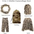 Pikkukuva 3 / 5: 5 in 1 Ghillie-puku, 3D-naamiointi metsästysvaatteet, mukaan lukien takki, housut, huppu, kantolaukku-WELLNGS YEL