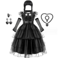 Miniatyrbild 1 av 6: Wednesday Adams flicka svart klänning med gratis accessoarer-WELLNGS 100CM