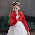 Miniatyrbillede 1 af 2: Pigebørn Prinsesse Tyk Plysjakke Afgrøde Wraps Sjal Blomsterpiger Lange Ærmer Bolero Varmt Kappe Bryllup Fødselsdagsfest Frakke -WELLNGS Red S(95-105cm)