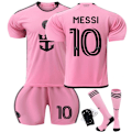 Miniatyrbild 2 av 5: 2024-25 Miami Hemma- och bortaställ nr 10 Messi 9 Suarez fotbollströja sportkläder-set-nr 10 + strumpor-WELLNGS 22(120-130cm)