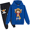 Miniatyrbilde 1 av 2: One Piece Monkey D. Luffy Trykt Treningsdress Sett Barn Genser Hoodie Hetteskjorte Topper Joggebukse Antrekk-WELLNGS Blue 6-7 Years