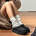 Miniatyrbild 5 av 5: Damsko plattform mini stövletttofflor, damtofflor inomhus, halkskyddande pälsfoder i mocka ankelsko - WELLNGS Black EUR37