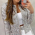 Miniatyrbillede 4 af 4: Dame Cardigan Langærmet Skinnende Sequin Frakke Åben Front Casual Dame Jakke-WELLNGS Black 3XL
