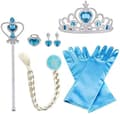 Elsa Prinsessdräkt och tillbehörsset för barn, inklusive flätor, krona, handskar och trollstav 6pcs - blue (braids)