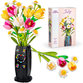 Miniatyrbild 1 av 7: Blomsterbukett Byggset med Vas, 1250 st DIY Konstgjorda Tulpanblommor Byggklossar Botaniska för Heminredning