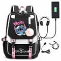 Stitch USB Charging Backpack for Students, Waterproof Canvas School Bag with 15-inch Laptop Compartment and Adjustable Straps BLACK BLACK A