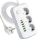 Multistikdåse med USB, 3-vejs stikdåse med 5 USB-porte og 1 USB-C til skrivebord med strømafbryder, 2 meter forlængerledning, adapter