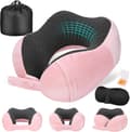 Memory Foam Travel Pillow, Adjustable & Compact Airplane Pillow, Ergonomically Designed, Includes Earplugs, Eye Mask & Storage Bag. pink