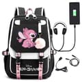 Stitch USB Charging Backpack for Students, Waterproof Canvas School Bag with 15-inch Laptop Compartment and Adjustable Straps BLACK BLACK B