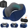 Memory Foam Travel Pillow, Adjustable & Compact Airplane Pillow, Ergonomically Designed, Includes Earplugs, Eye Mask & Storage Bag. blue