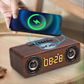Pikkukuva 2 / 5: Nopea langaton laturi Puinen langaton Bluetooth-kaiutin Herätyskello 3D-stereokaiutin (Ruskea puun syy)