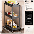 Miniatyrbillede 1 af 2: Slank Multi-Tier Udtræks Køkken Opbevaringsvogn med Hjul, Gulvstående Organizer, 3-lags sort