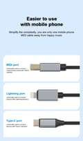 Miniatyrbilde 3 av 4: Adaptere 2-i-1 Type-C, Lightning til USB-B MIDI Instrument/Skriverkabel (Hvit)