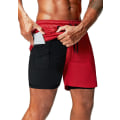 Pikkukuva 1 / 5: 2 in 1 -juoksushortsit Phone Pocket Gym Workout -harjoittelun kanssa nopeasti kuivuvat miesten shortsit 5 tuumaa Red XX-Large