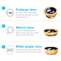 Miniatyrbillede 3 af 5: 3 i 1 Mobiltelefon Kamera Linse Kit Vidvinkel Makro Fisheye Linse Til Smartphones Iphone Android Guld
