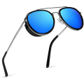 Miniatyrbilde 1 av 4: Retro Steam Punk Solbriller Runde Steampunk Double Bridge Aviator Briller For Kvinner Menn B2822 Blue Lens
