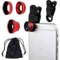 Miniatyrbillede 1 af 5: Universal 3 i 1 mobiltelefon kamera linsesæt til smartphones inklusive - Fish Eye linse / 2 i 1 makro linse & vidvinkel linse/universal klip/bærepose Red