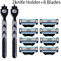 Miniatyrbilde 1 av 7: 3-blads barberhøvel, manuell barberhøvel i rustfritt stål for menn, retro våtbarberhøvel, gjenbrukbar barberhøvel med 2 holdere og 8 blader 2 Holder 8Blades