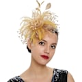 Miniatyrbilde 1 av 5: Fascinatorhatt for kvinner, damer, bryllup, teselskap, flapper, pillbox-hatt, Ascot-konkurransehatt, fjærblomst (Khaki) khaki