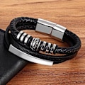 Miniatyrbillede 4 af 5: Multilags Flettet Ægte Læderarmbånd Herre Sort Læderarmbånd Herre Læderarmbånd Bedste Fars Dags Gaver