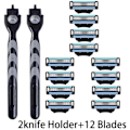 Miniatyrbillede 1 af 7: 3-lags barberblad, manuel herrebarbermaskine i rustfrit stål, retro vådbarbermaskine, genanvendelig barbermaskine 2 holdere 12 b 2 Holders 12 Blades