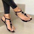 Miniatyrbillede 1 af 4: T-remssandaler til kvinder, elegante flade gladiatorsandaler, åben tå, afslappede sommer Boho-sandaler, romerske strandsko