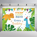 Pikkukuva 4 / 5: 7x5ft Dinosauritausta Onnellinen Syntymäpäivä Piirretty Dinosaurukset Teema Syntymäpäiväjuhliin Lapsille Vauvalle Uudelle Syntyneelle Pojille Tytöille Trooppinen Dschungel